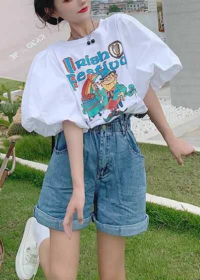 Classy Summer Cotton Sleeve Puff Tanks Print White