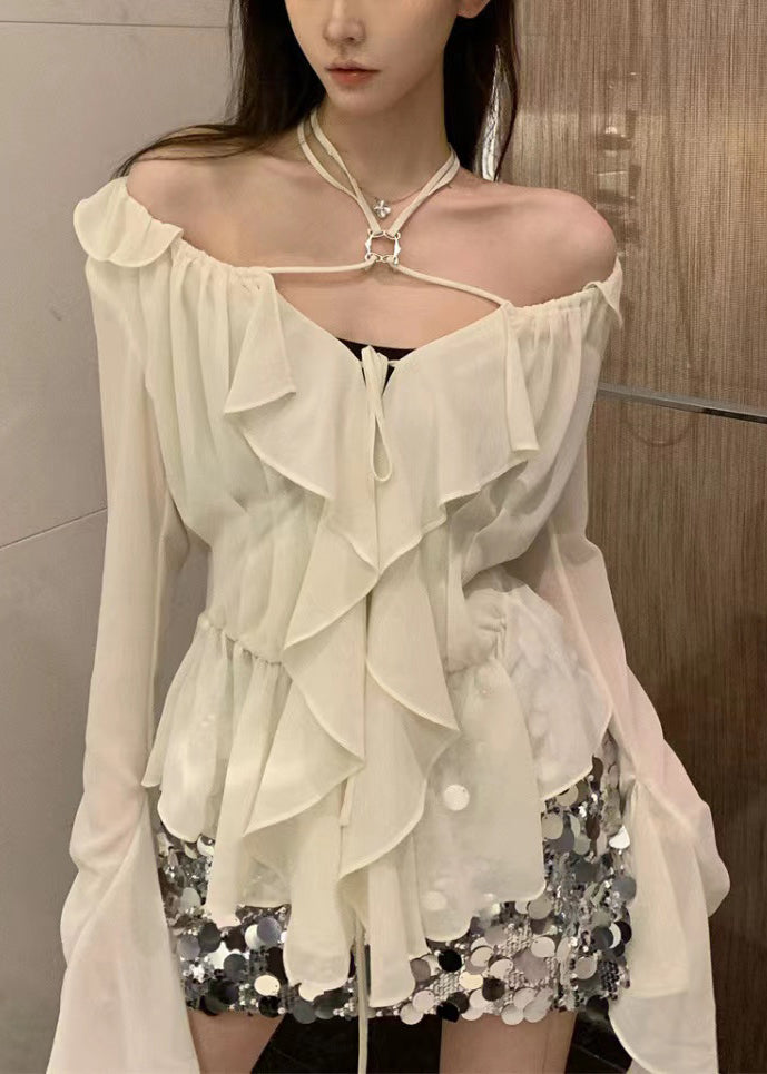 Classy White Ruffled Lace Up Chiffon Shirt Long Sleeve KK089