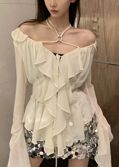 Classy White Ruffled Lace Up Chiffon Shirt Long Sleeve KK089