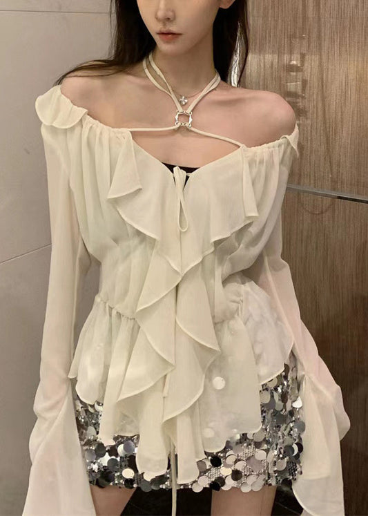 Classy White Ruffled Lace Up Chiffon Shirt Long Sleeve KK089