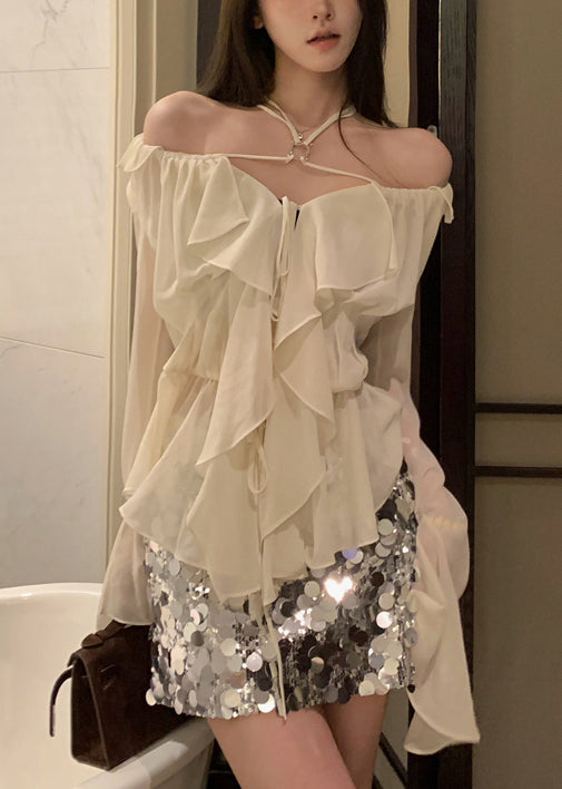 Classy White Ruffled Lace Up Chiffon Shirt Long Sleeve KK089