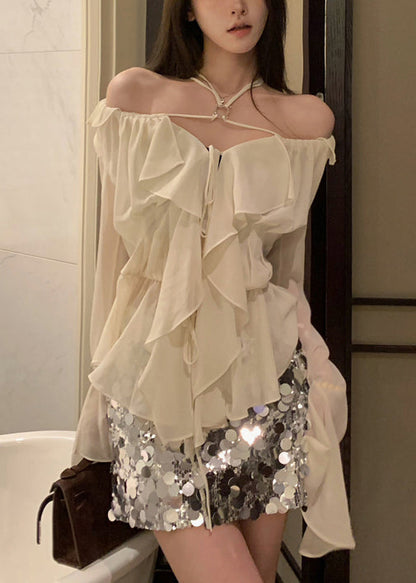 Classy White Ruffled Lace Up Chiffon Shirt Long Sleeve KK089