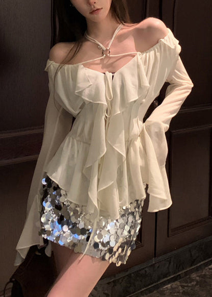 Classy White Ruffled Lace Up Chiffon Shirt Long Sleeve KK089