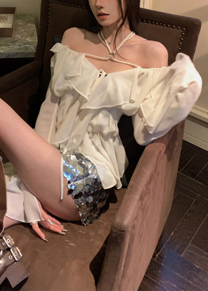 Classy White Ruffled Lace Up Chiffon Shirt Long Sleeve KK089