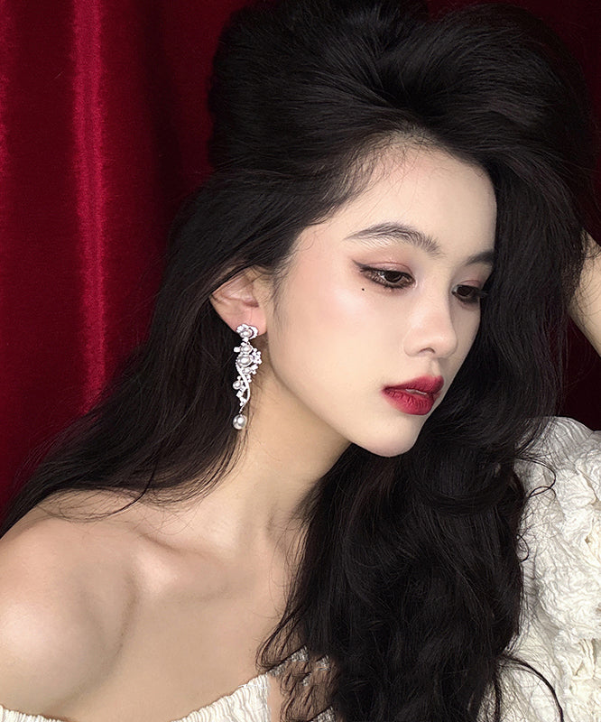 Stergild White Silver Classy Zircon Earrings Drop Pearl