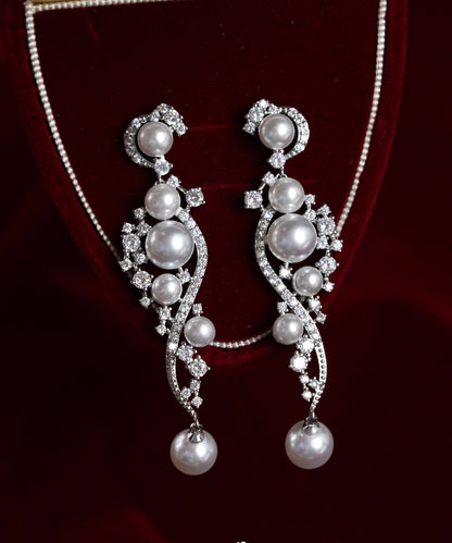 Stergild White Silver Classy Zircon Earrings Drop Pearl