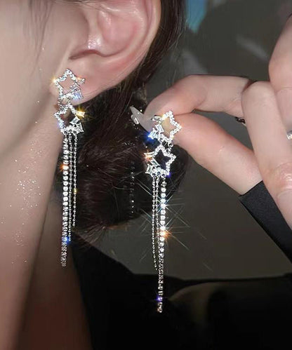 Classy White Sterling Silver Alloy Five Pointed Star Zircon Tassel Drop Earrings ZZ059