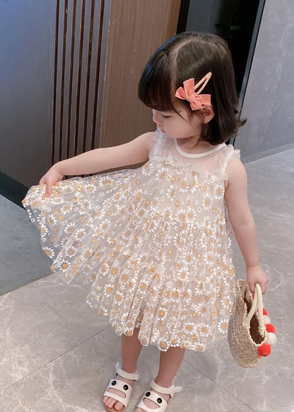 Classy White Sunflower Lace Patchwork Tulle Girls Mid Dress Summer GF004