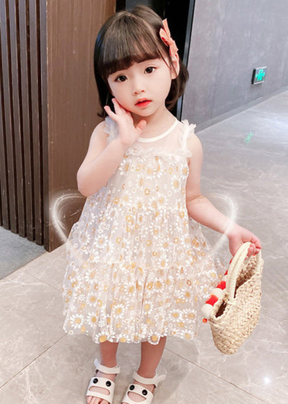 Classy White Sunflower Lace Patchwork Tulle Girls Mid Dress Summer GF004