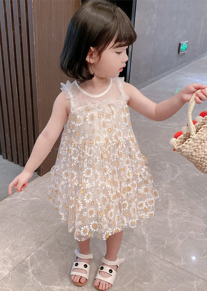 Classy White Sunflower Lace Patchwork Tulle Girls Mid Dress Summer GF004