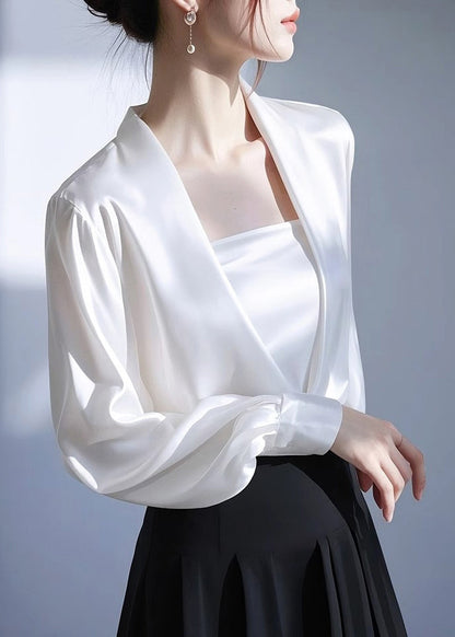Neck Spring White V Shirt Satin Solid Classy