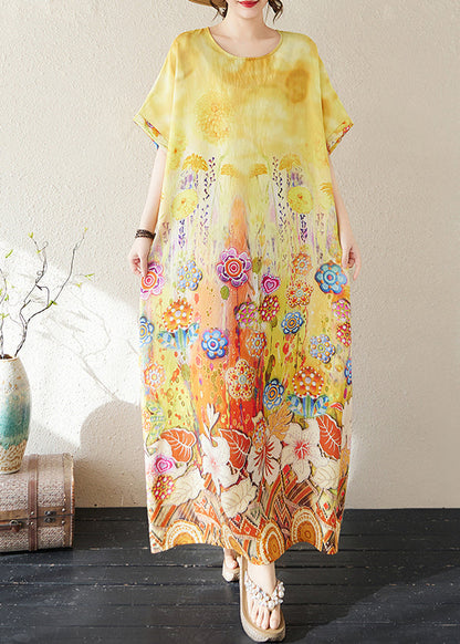 Summer Beach Yellow Classy Print Oversized Dresses Cotton