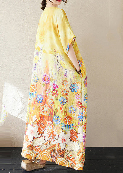 Summer Beach Yellow Classy Print Oversized Dresses Cotton