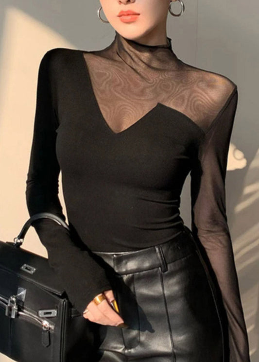 Black Out Club Spring Turtleneck Top Patchwork Hollow Tulle