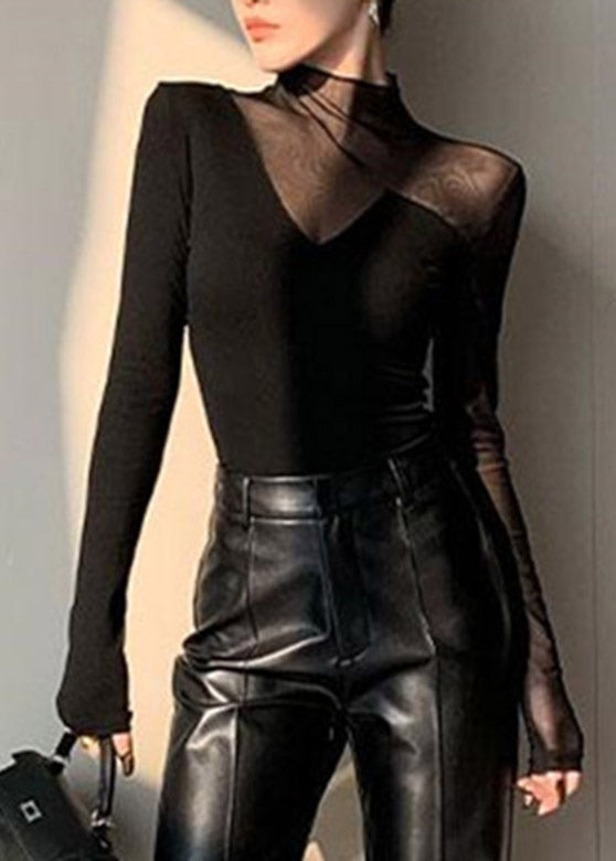 Black Out Club Spring Turtleneck Top Patchwork Hollow Tulle