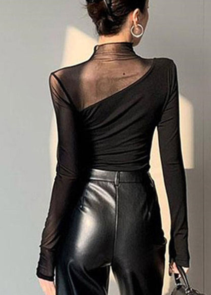 Black Out Club Spring Turtleneck Top Patchwork Hollow Tulle