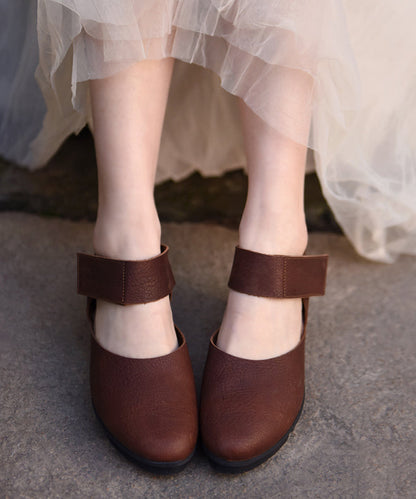 Coffee Heels Strap Buckle Splicing Sandals Leather Cowhide Wedge