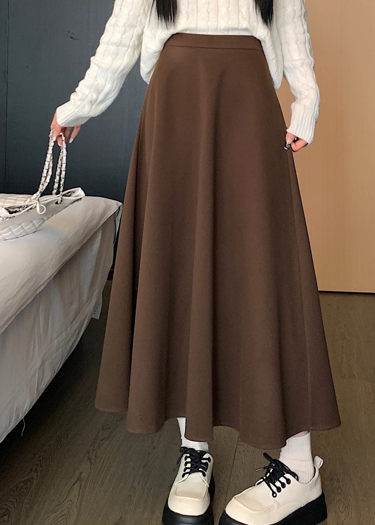 Coffee High Waist Elastic Waist Wrinkled Skirts Spring QQ1014