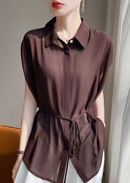 Up Coffee Chiffon Solid Lace Collar Peter Pan Blouses