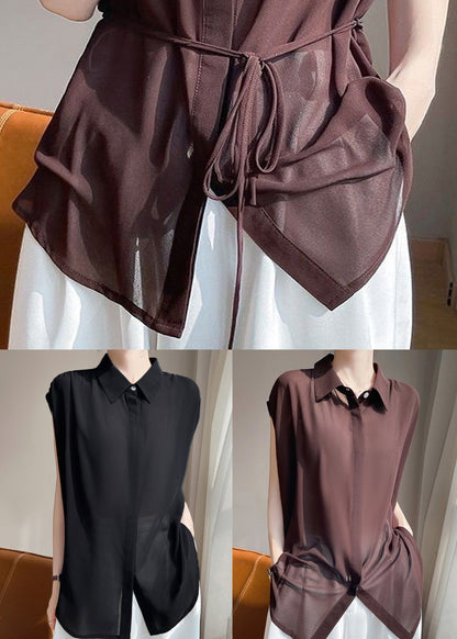 Up Coffee Chiffon Solid Lace Collar Peter Pan Blouses