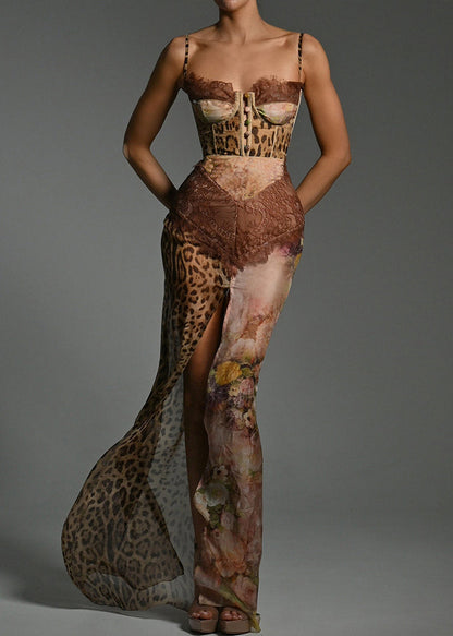 Spaghetti Coffee Open Lace Sleeveless Patchwork Chiffon Side