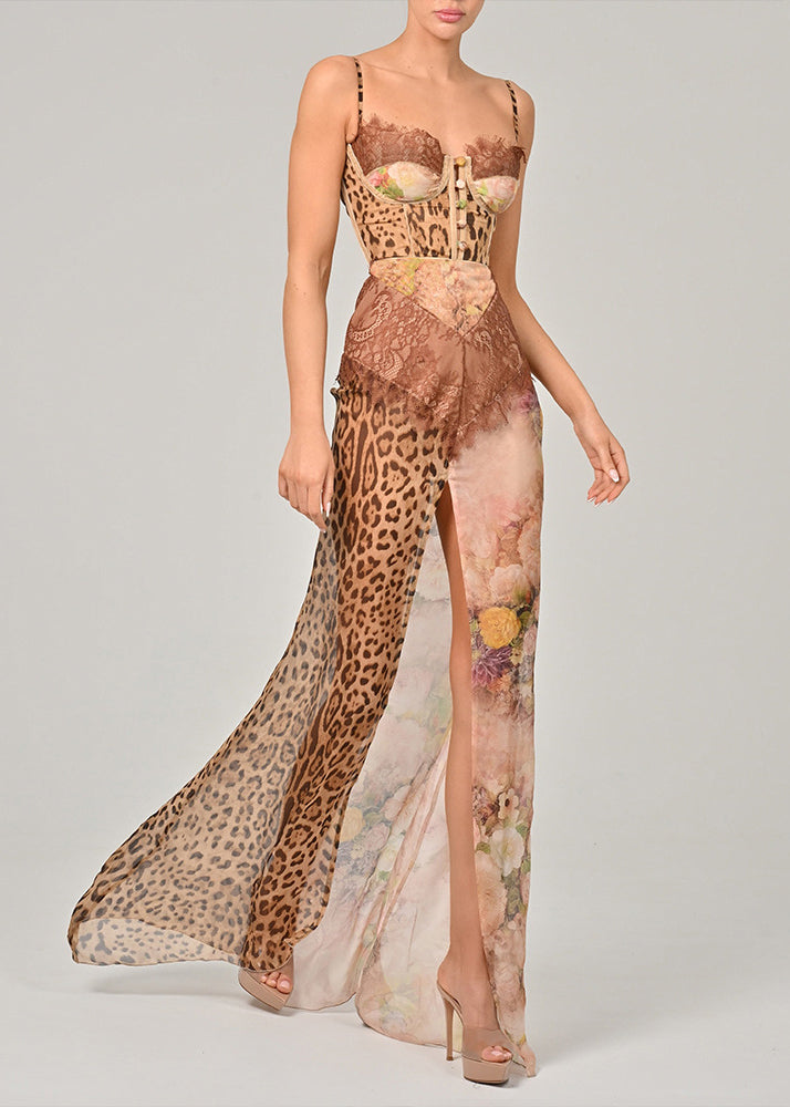 Spaghetti Coffee Open Lace Sleeveless Patchwork Chiffon Side