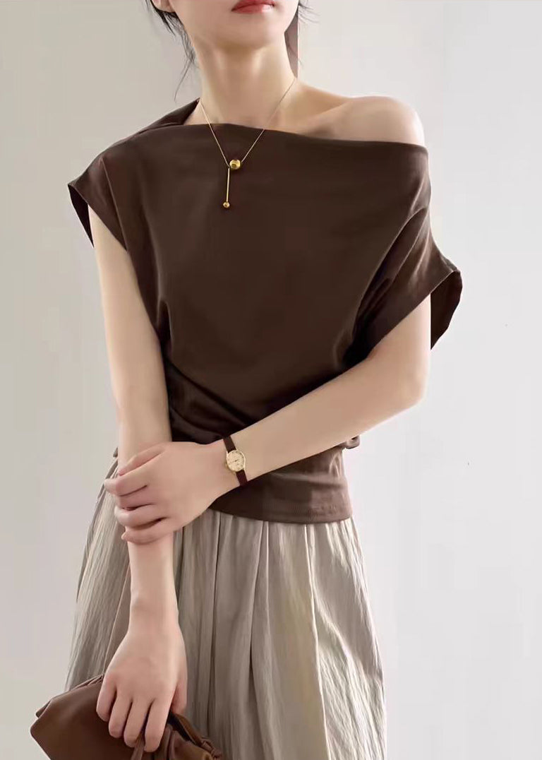 Coffee Solid Cold T Shirts Summer Shoulder Cotton