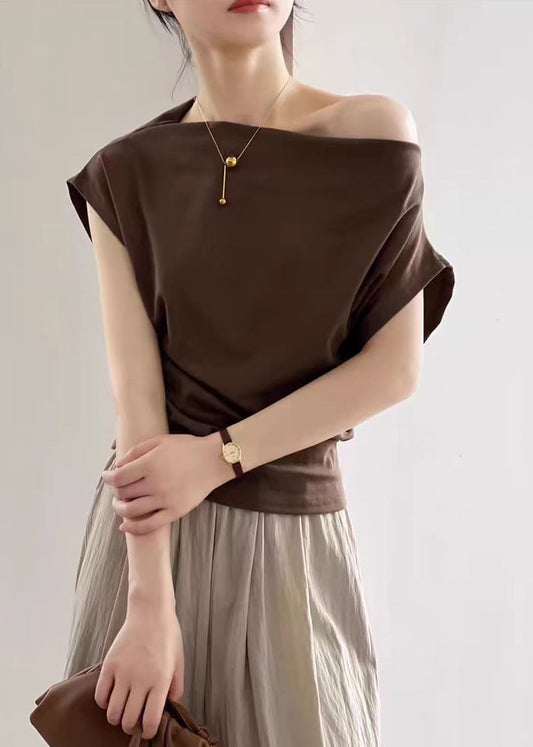 Coffee Solid Cold T Shirts Summer Shoulder Cotton