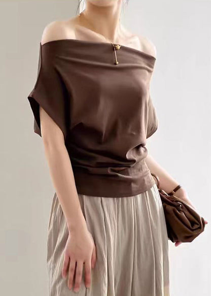 Coffee Solid Cold T Shirts Summer Shoulder Cotton
