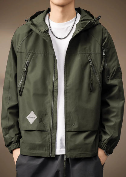 Spring Coffee Cotton Hooded Coats Drawstring Zippered Mens