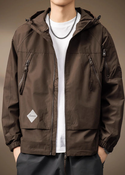 Spring Coffee Cotton Hooded Coats Drawstring Zippered Mens