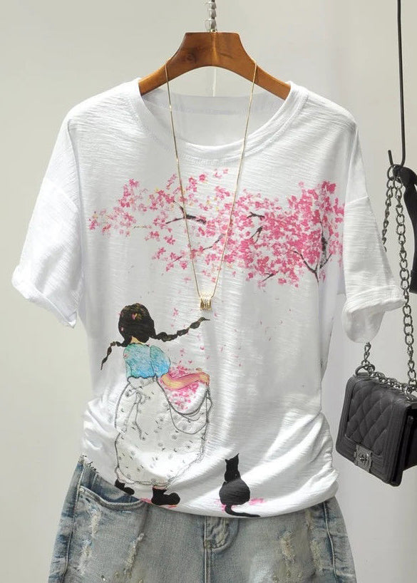 Colorblock Cartoon Print Cotton Top O Neck Short Sleeve GH1004