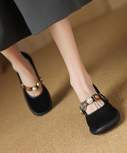 Strap Suede Buckle Chunky Heel Comfortable Brown Splicing