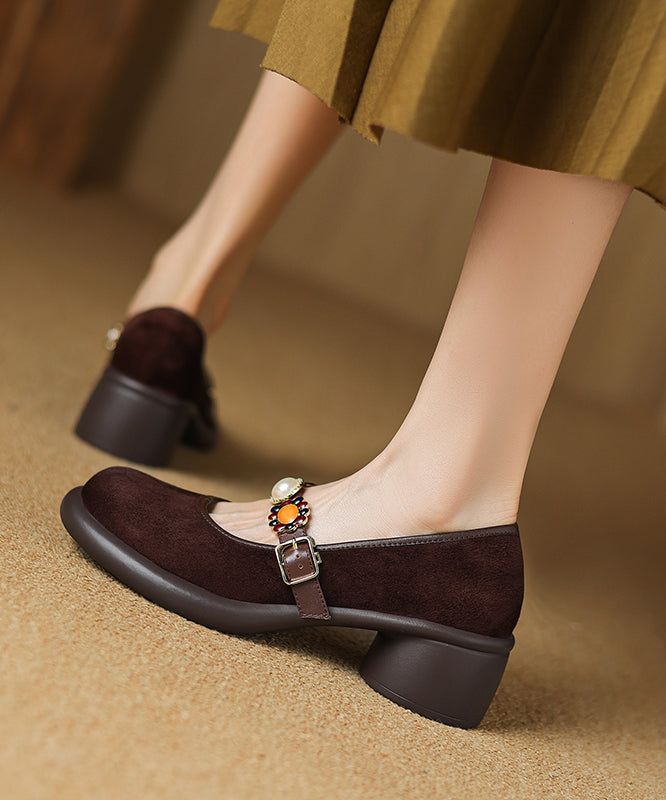 Strap Suede Buckle Chunky Heel Comfortable Brown Splicing