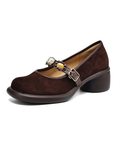 Strap Suede Buckle Chunky Heel Comfortable Brown Splicing