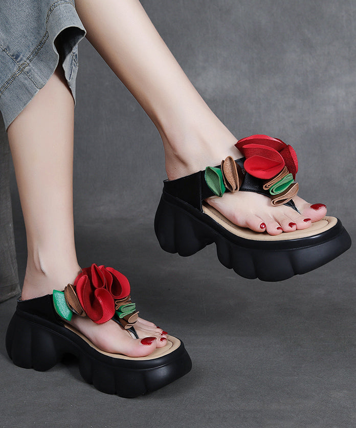 Flops Faux Black Splicing Comfortable Flip Platform Floral