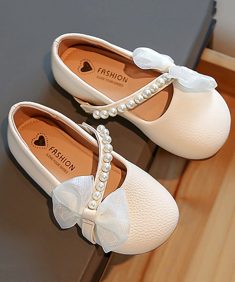 Comfy Beige Kids Leather Buckle Flats Nail Bead Girls Bow Faux