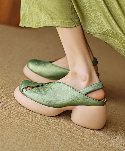 Comfy Hollow Leather Cowhide Chunky Out Splicing Green Sandals