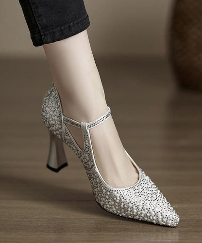 Pointed Silver Leather Toe Splicing Cowhide High Heels Comfy