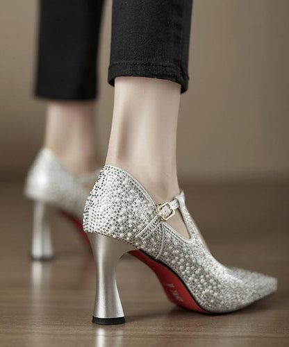 Pointed Silver Leather Toe Splicing Cowhide High Heels Comfy