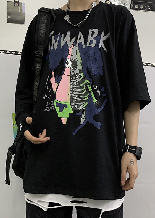 Half Cool Men Black Neck Print Cotton T Cartoon Sleeve Shirts O