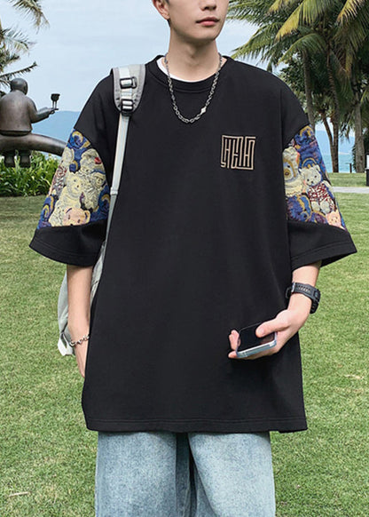 Neck O Shirts Embroideried T Cotton Black Men's Cool Summer