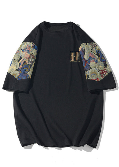 Neck O Shirts Embroideried T Cotton Black Men's Cool Summer