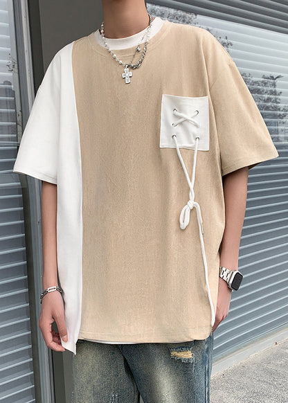 Suede O T Black Men Neck Patchwork Cool Shirts Faux Pockets Half