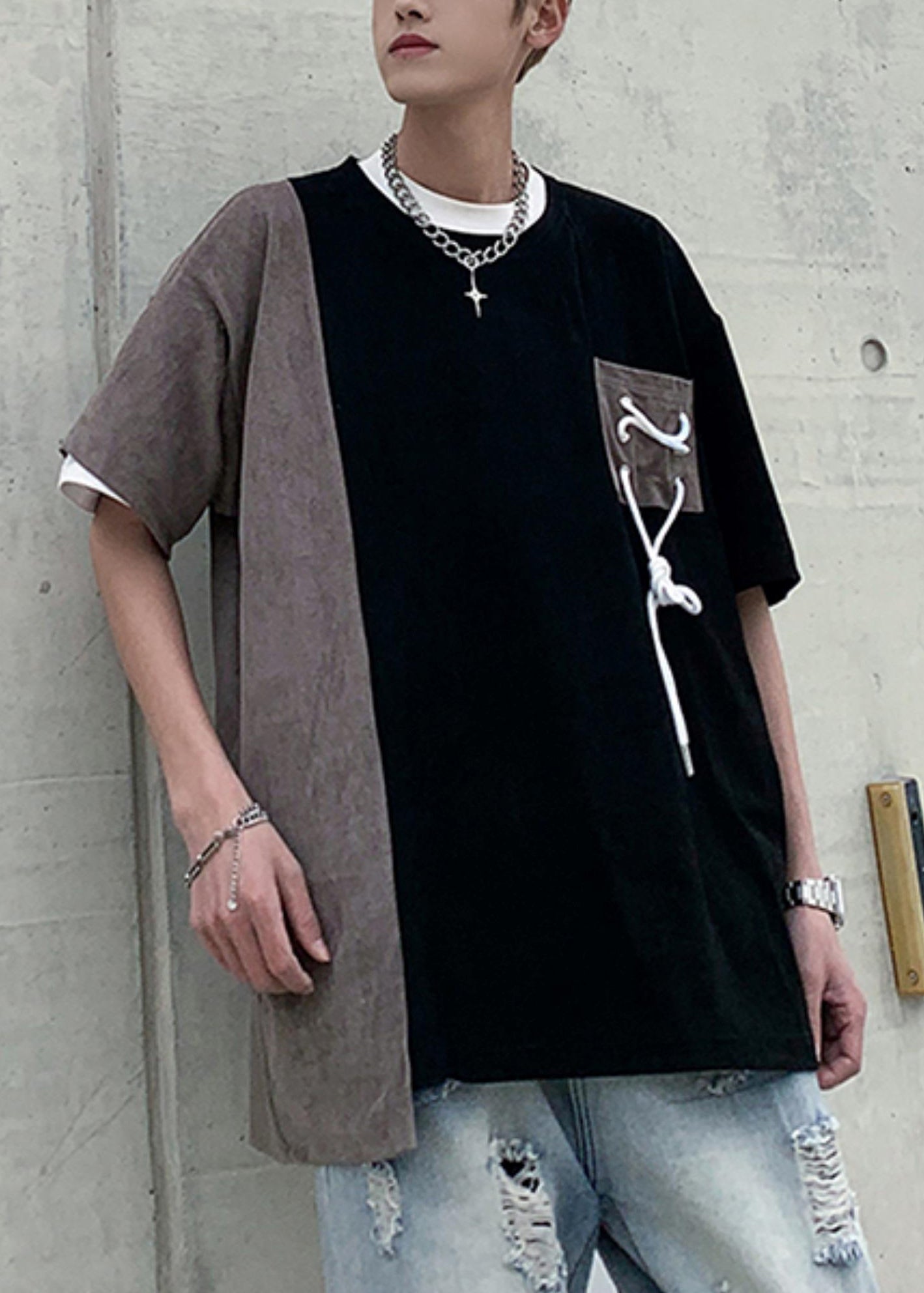 Suede O T Black Men Neck Patchwork Cool Shirts Faux Pockets Half