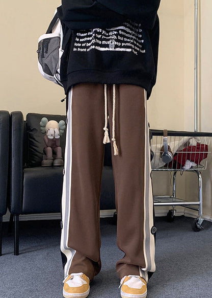 Patchwork Black Cotton Cool Drawstring Striped Spring Mens Pants