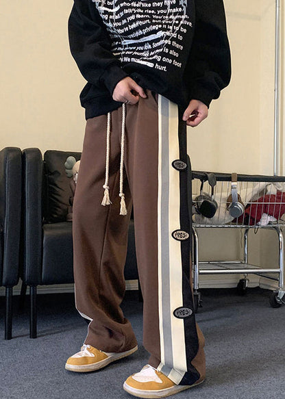 Patchwork Black Cotton Cool Drawstring Striped Spring Mens Pants