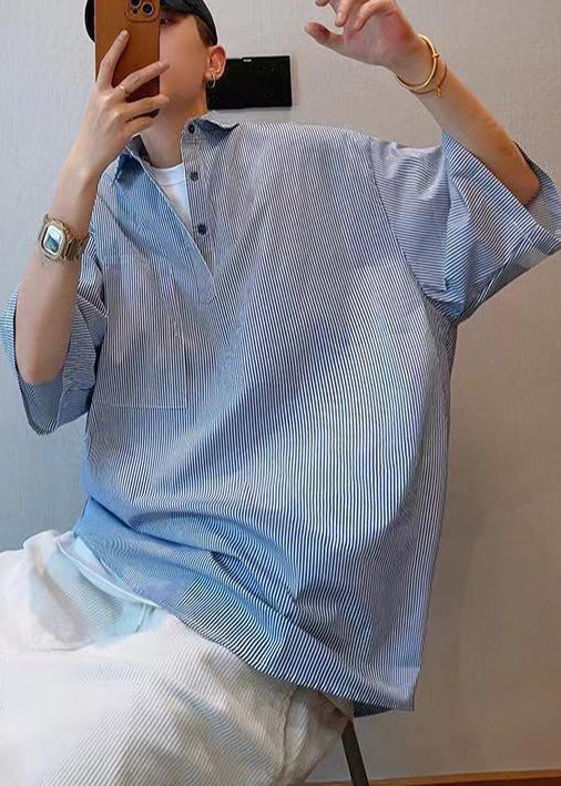 Summer Blue Oversized Tshirt Cotton Cool Striped Mens