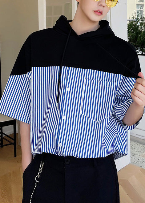 Sweatshirt Patchwork Summer Hooded Men Blue Striped Cotton Cool