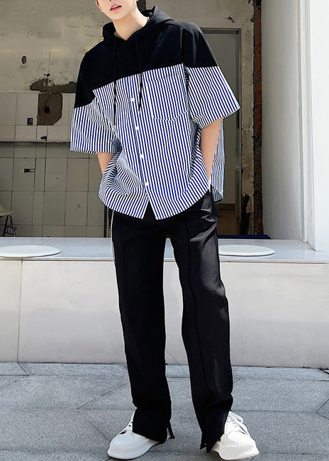 Sweatshirt Patchwork Summer Hooded Men Blue Striped Cotton Cool